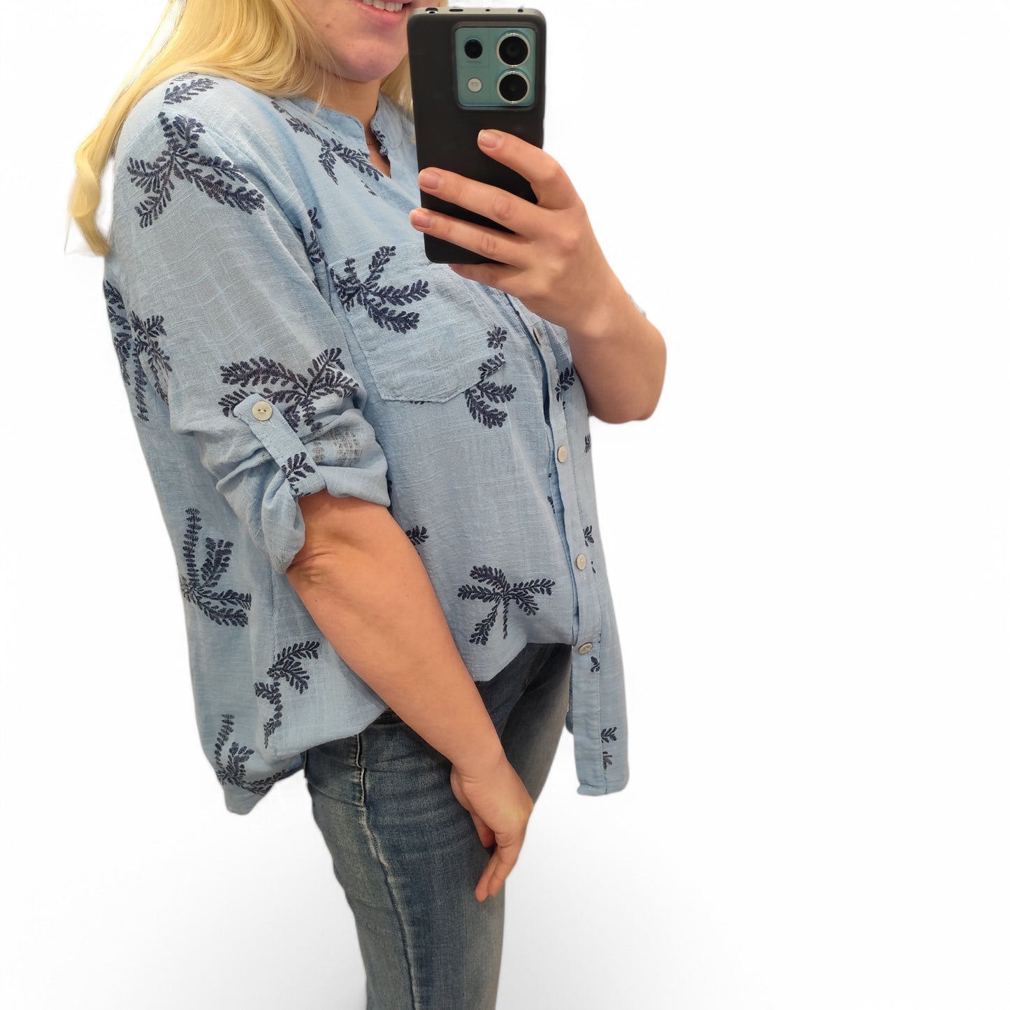 Bluse mit Palmen in Blau