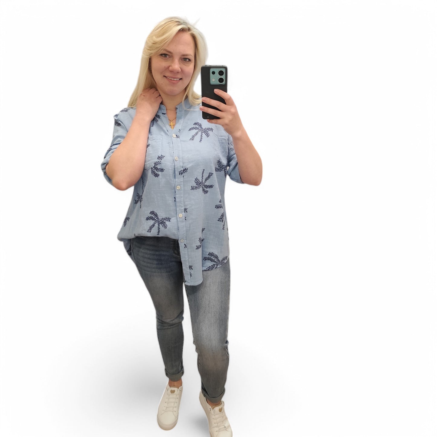 Bluse mit Palmen in Blau