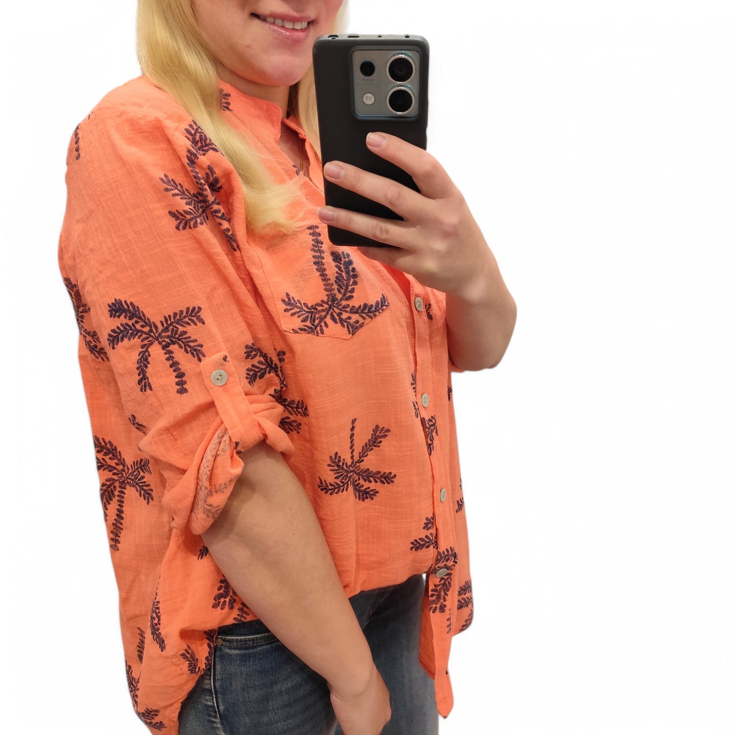 Bluse mit Palmen in Koralle