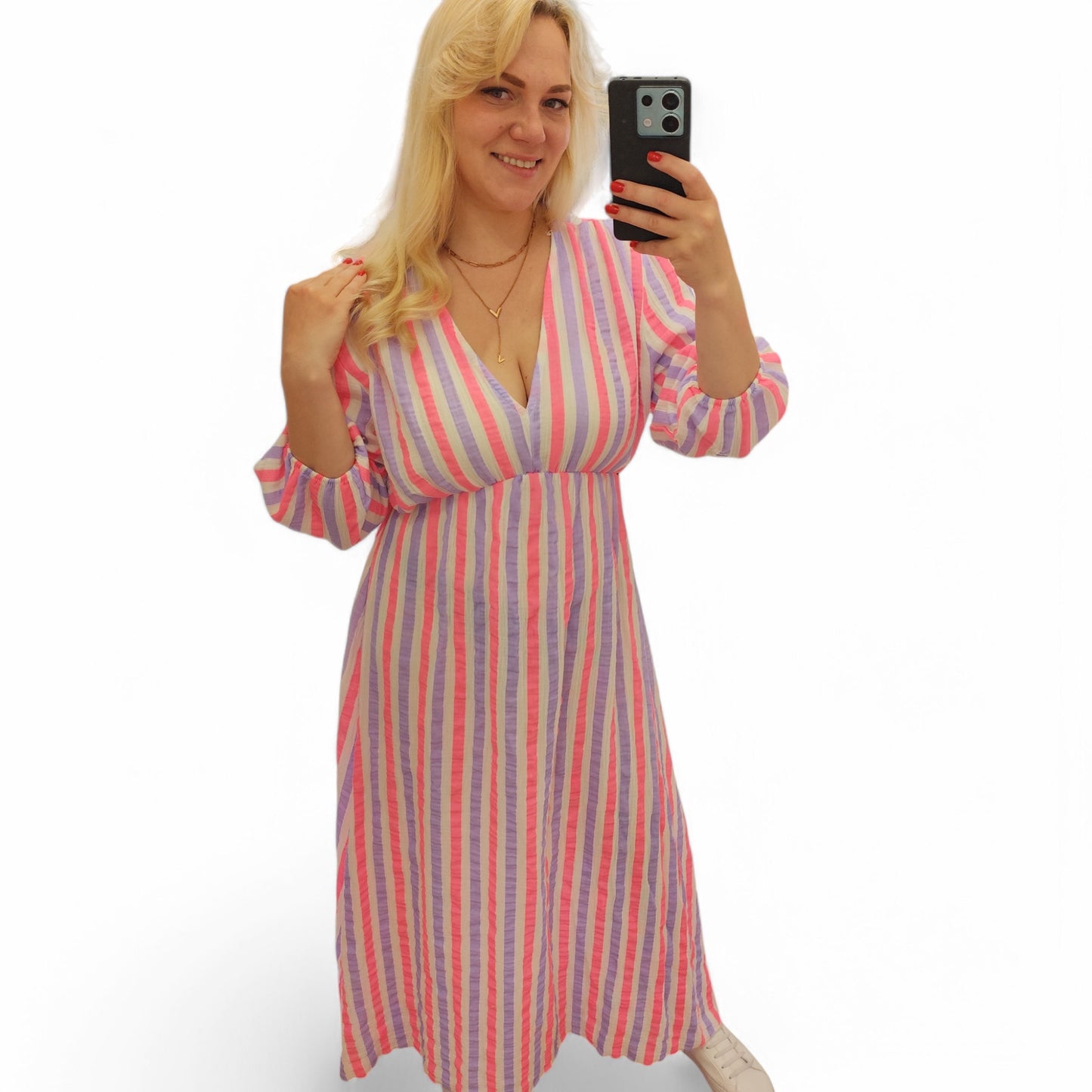 Gestreiftes Musselin Kleid in Flieder-Pink-Weiß