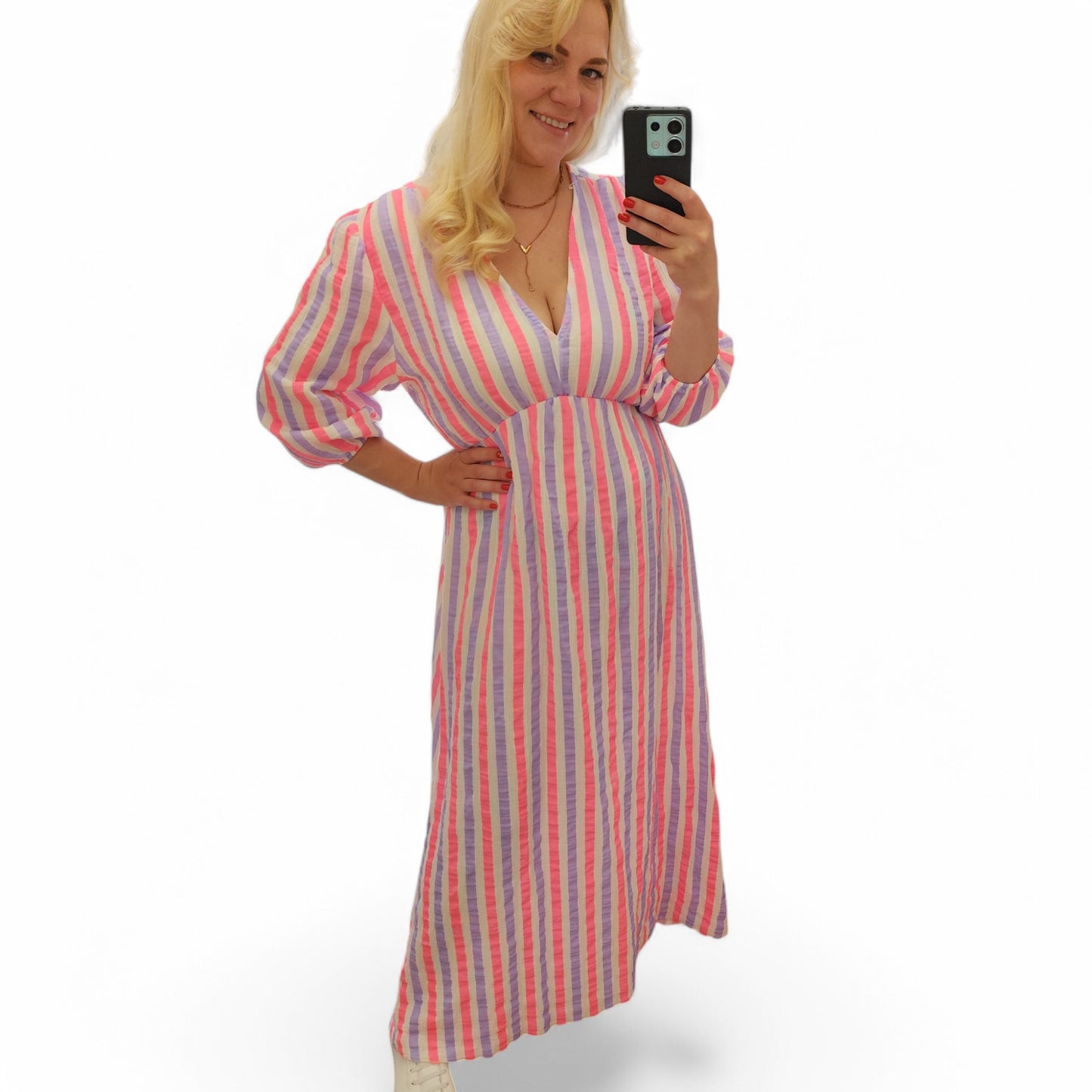 Gestreiftes Musselin Kleid in Flieder-Pink-Weiß