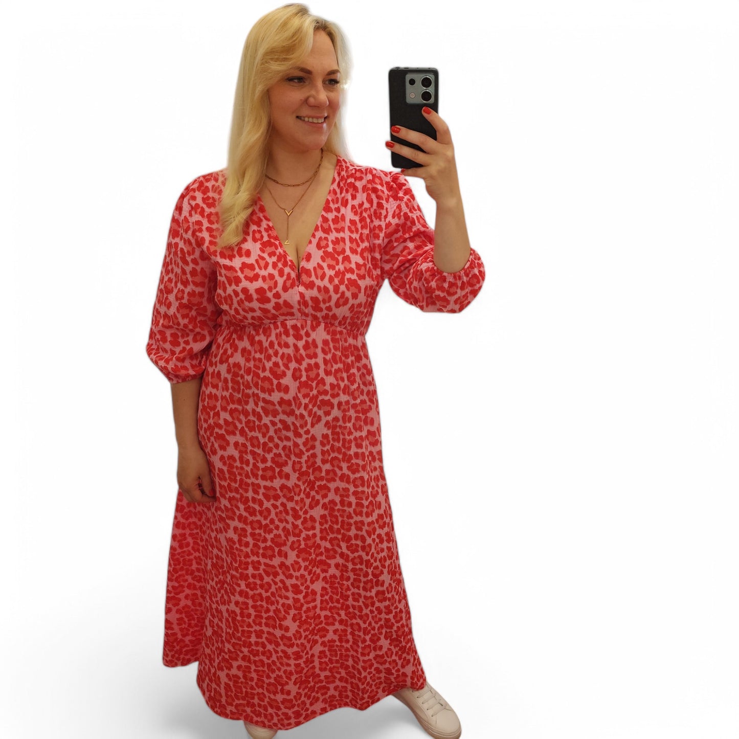 Musselin Kleid mit Leomuster in Rosa-Rot-Pink