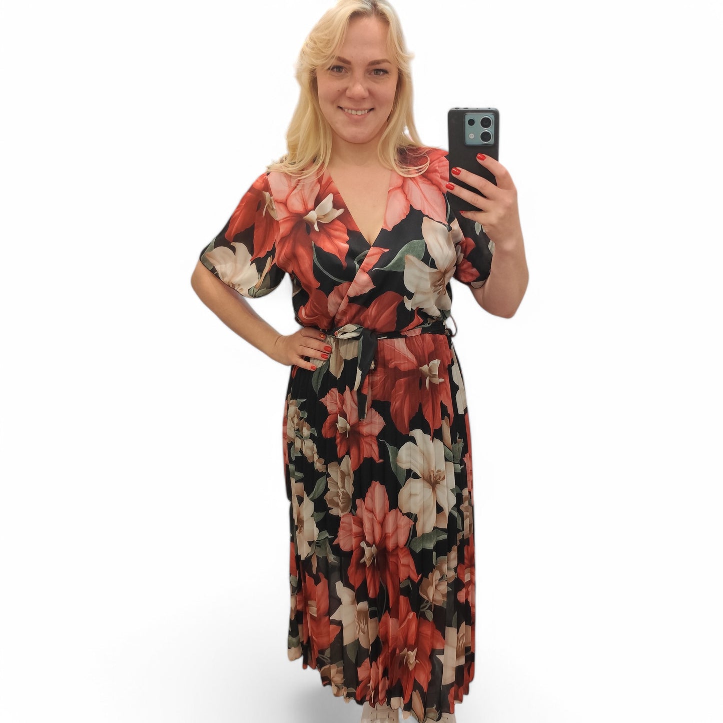 Kleid mit floralem Muster in Rosa-Schwarz