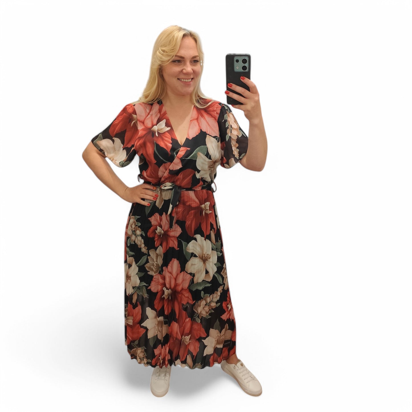 Kleid mit floralem Muster in Rosa-Schwarz