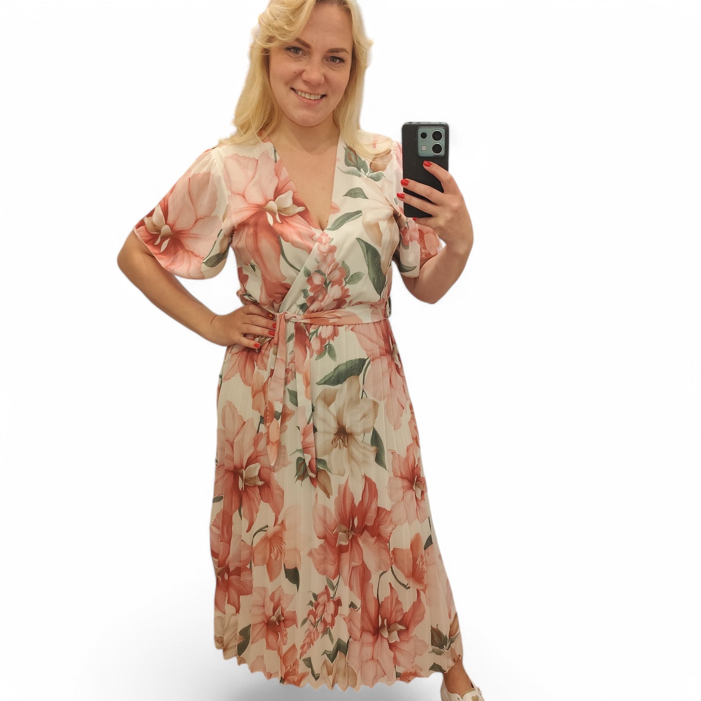 Kleid mit floralem Muster in Rosa-Weiß