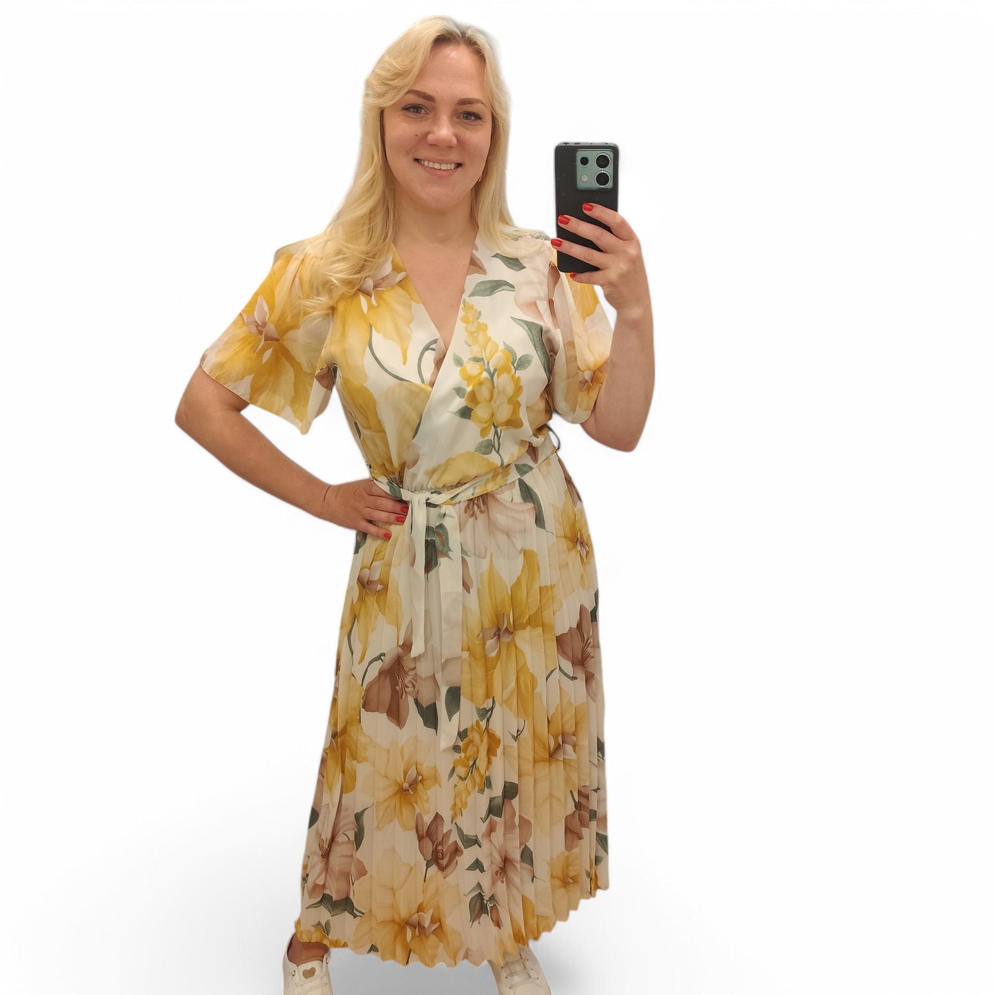 Kleid mit floralem Muster in Beige-Gelb