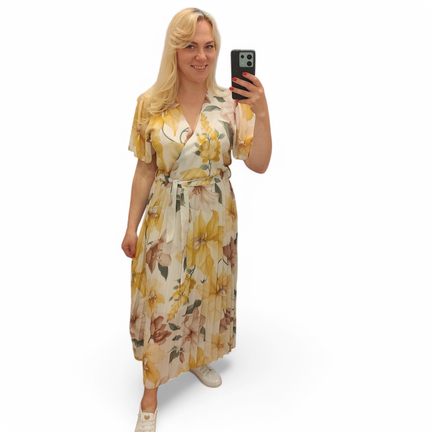 Kleid mit floralem Muster in Beige-Gelb