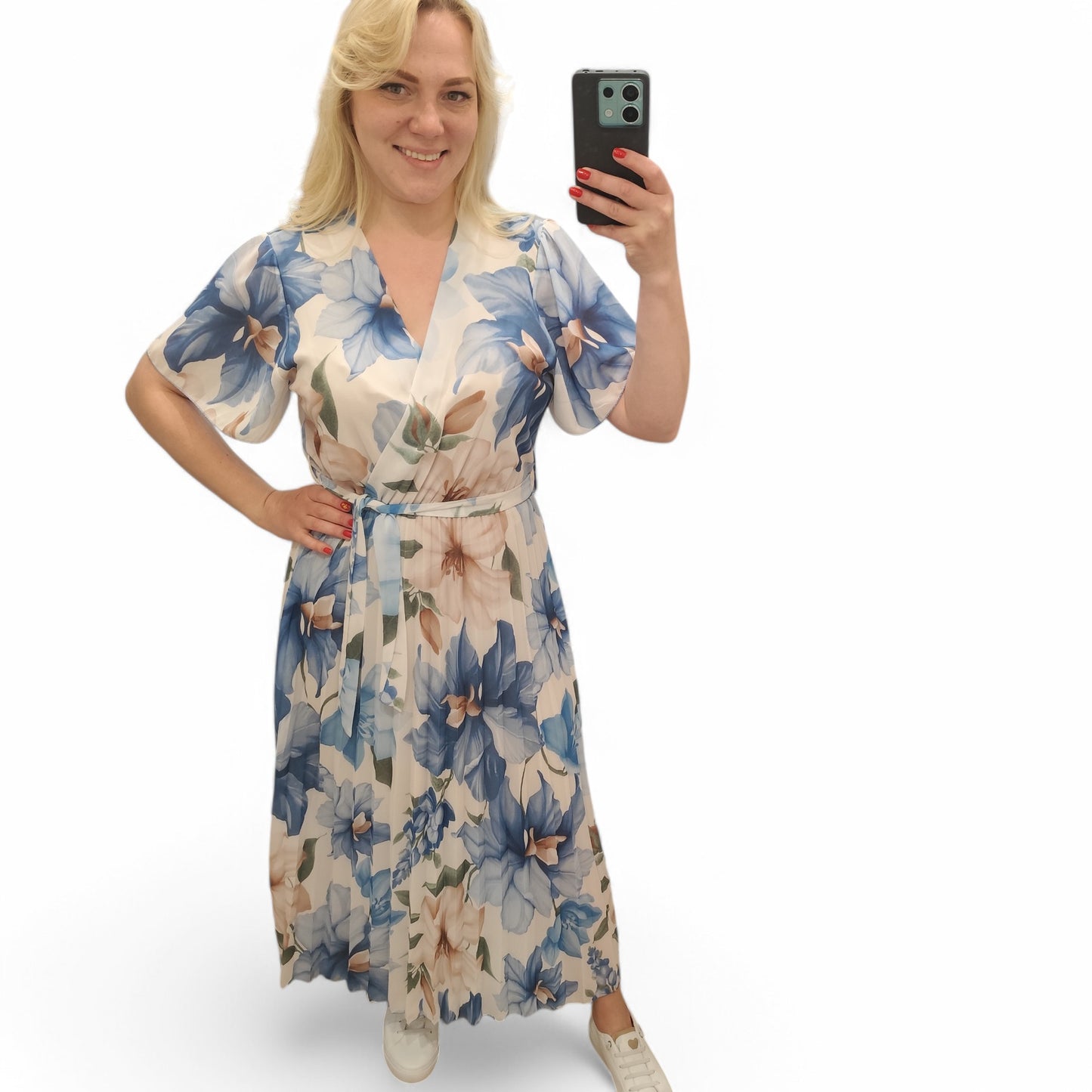 Kleid mit floralem Muster in Blau-Weiß