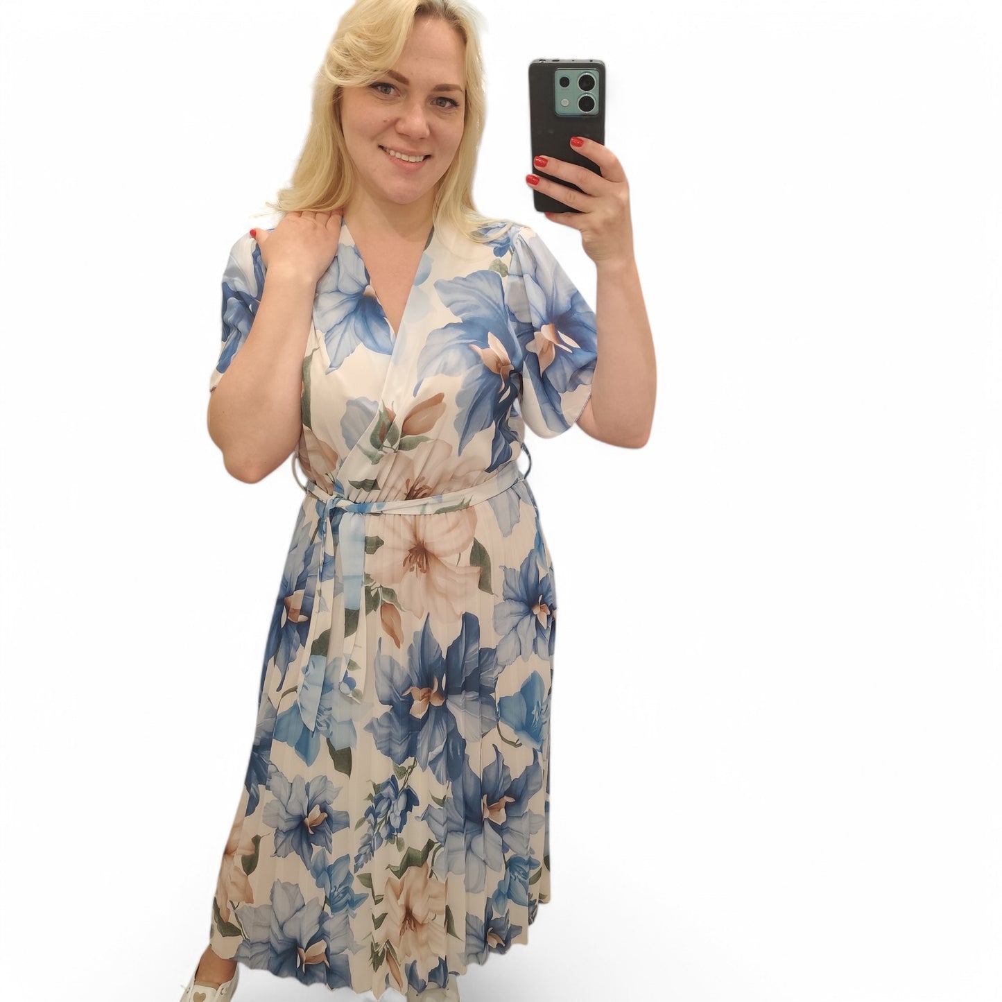 Kleid mit floralem Muster in Blau-Weiß