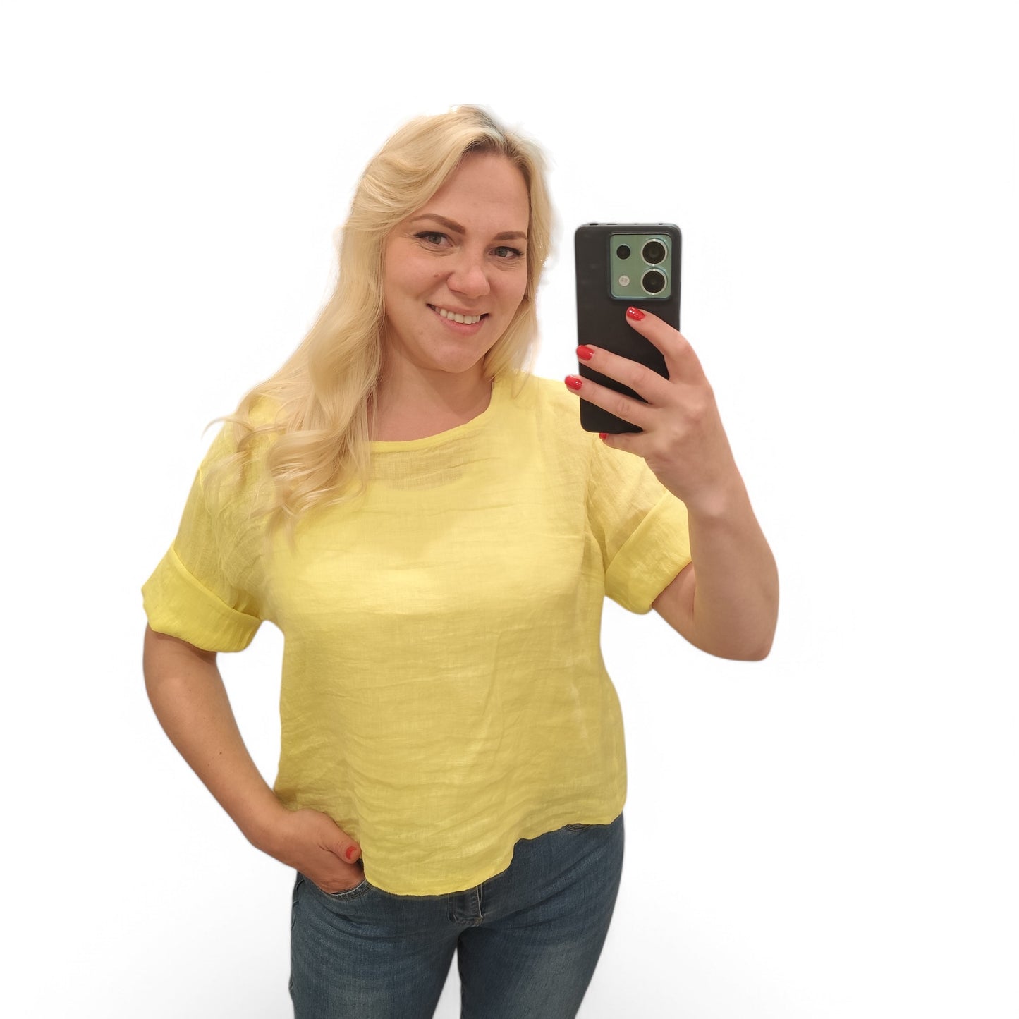 Leinenshirt mit Knopfleiste hinten in Gelb