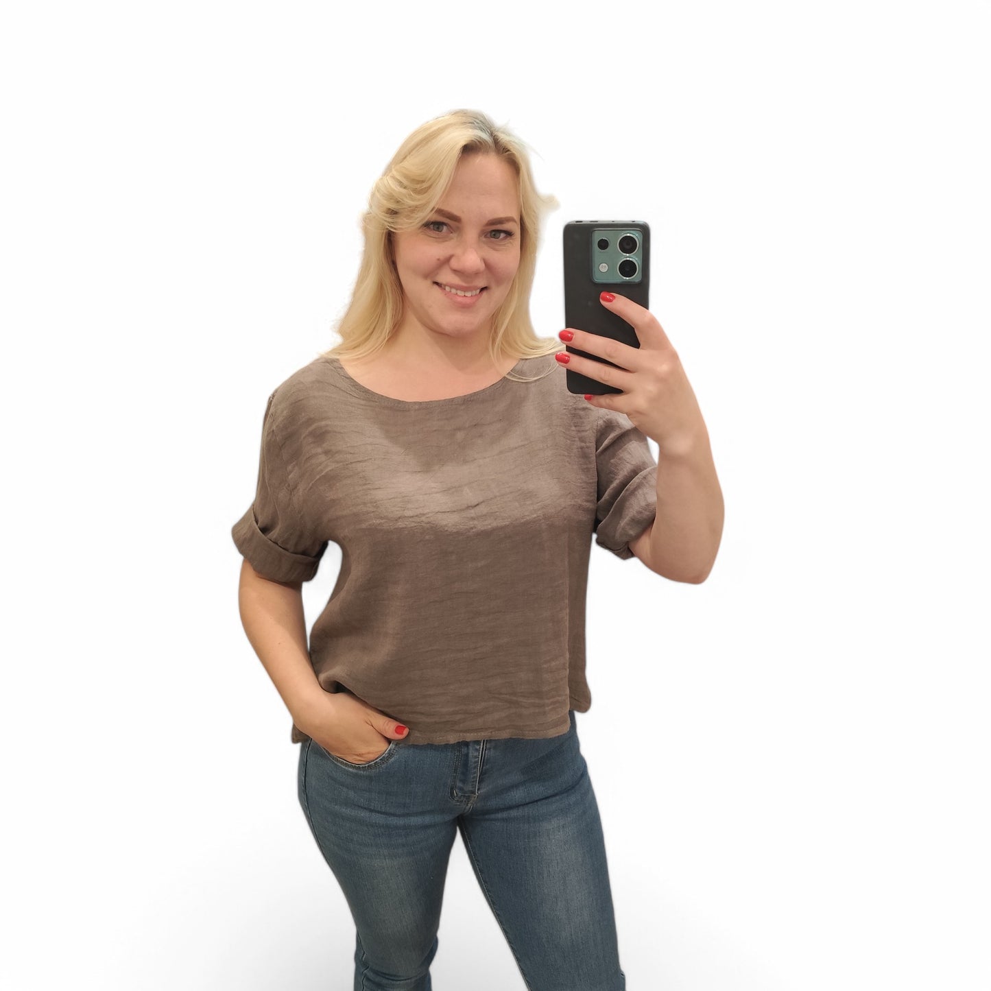 Leinenshirt mit Knopfleiste hinten in Dunkelbraun