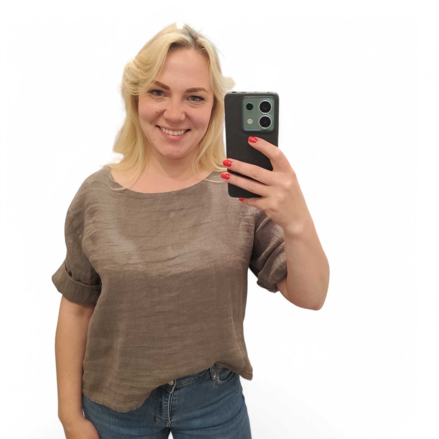 Leinenshirt mit Knopfleiste hinten in Dunkelbraun