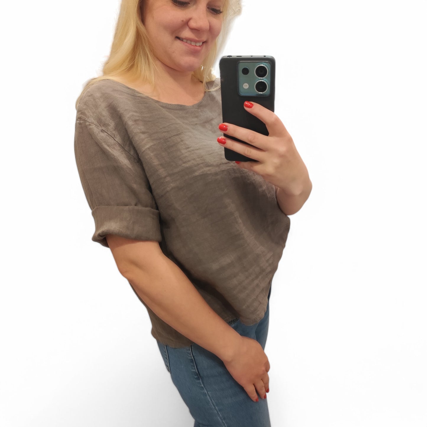 Leinenshirt mit Knopfleiste hinten in Dunkelbraun