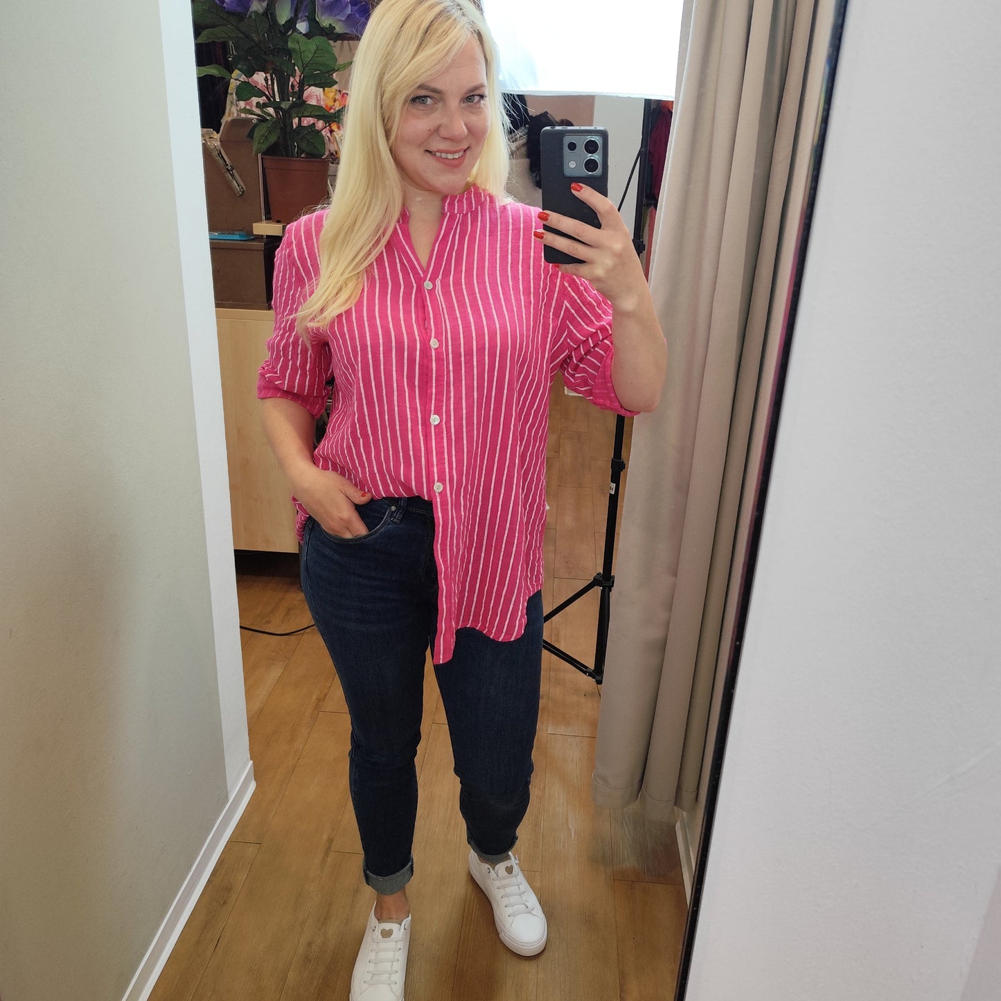 Streifenbluse aus Baumwolle in Pink