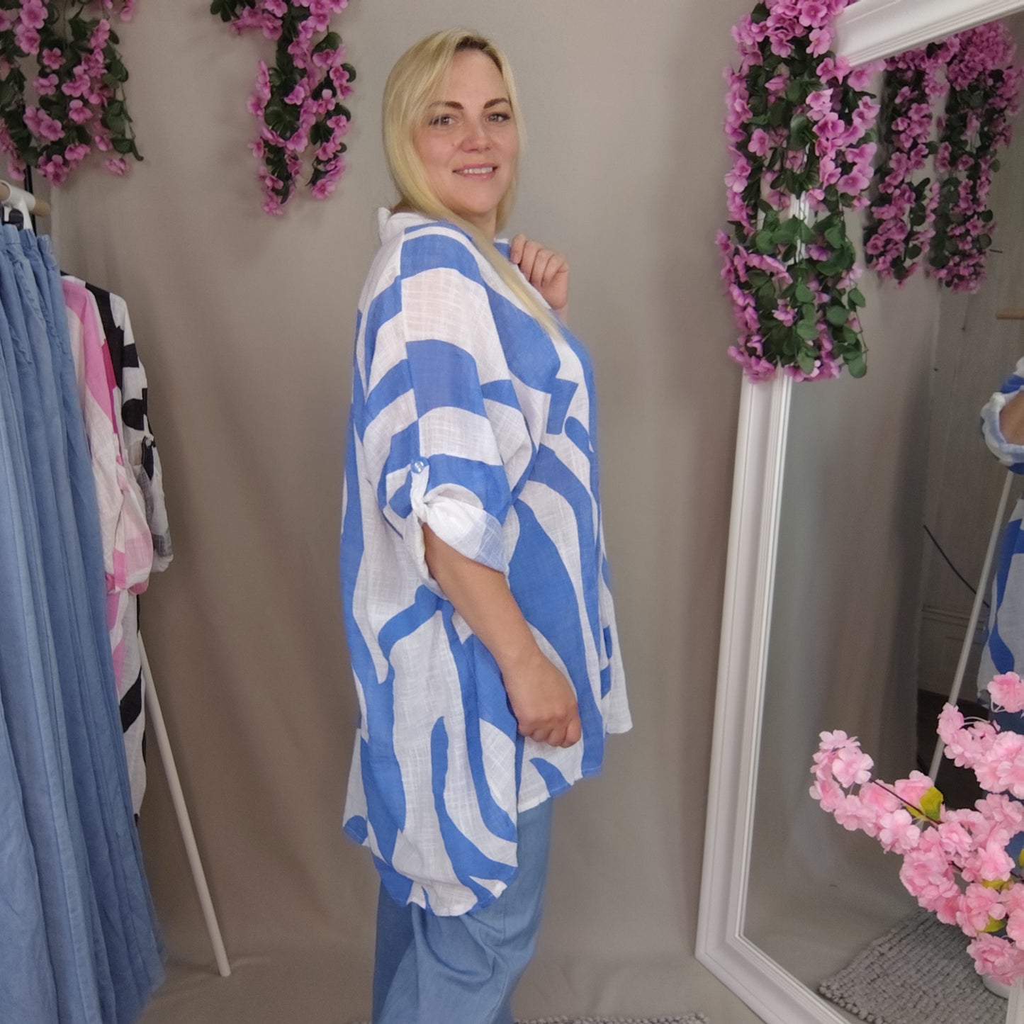 Longbluse in Blau-Weiß