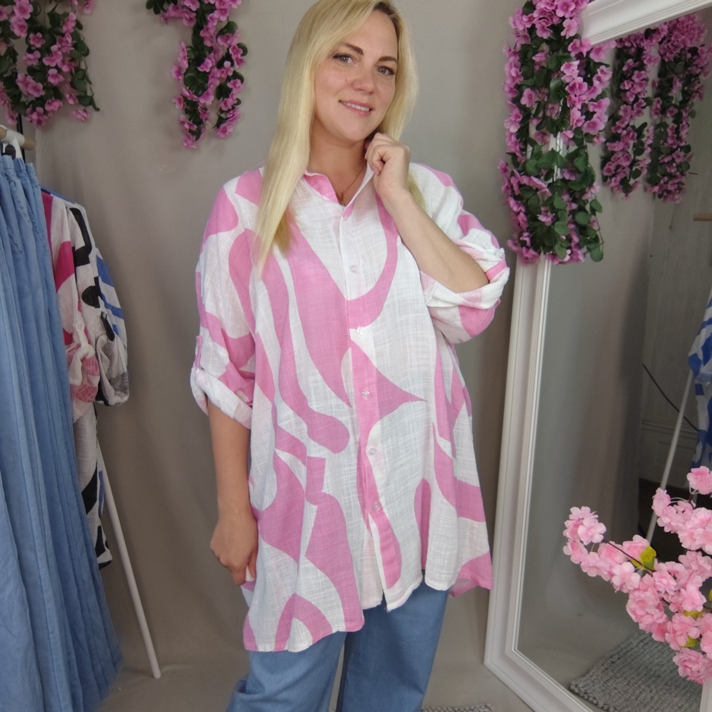 Longbluse in Rosa-Weiß