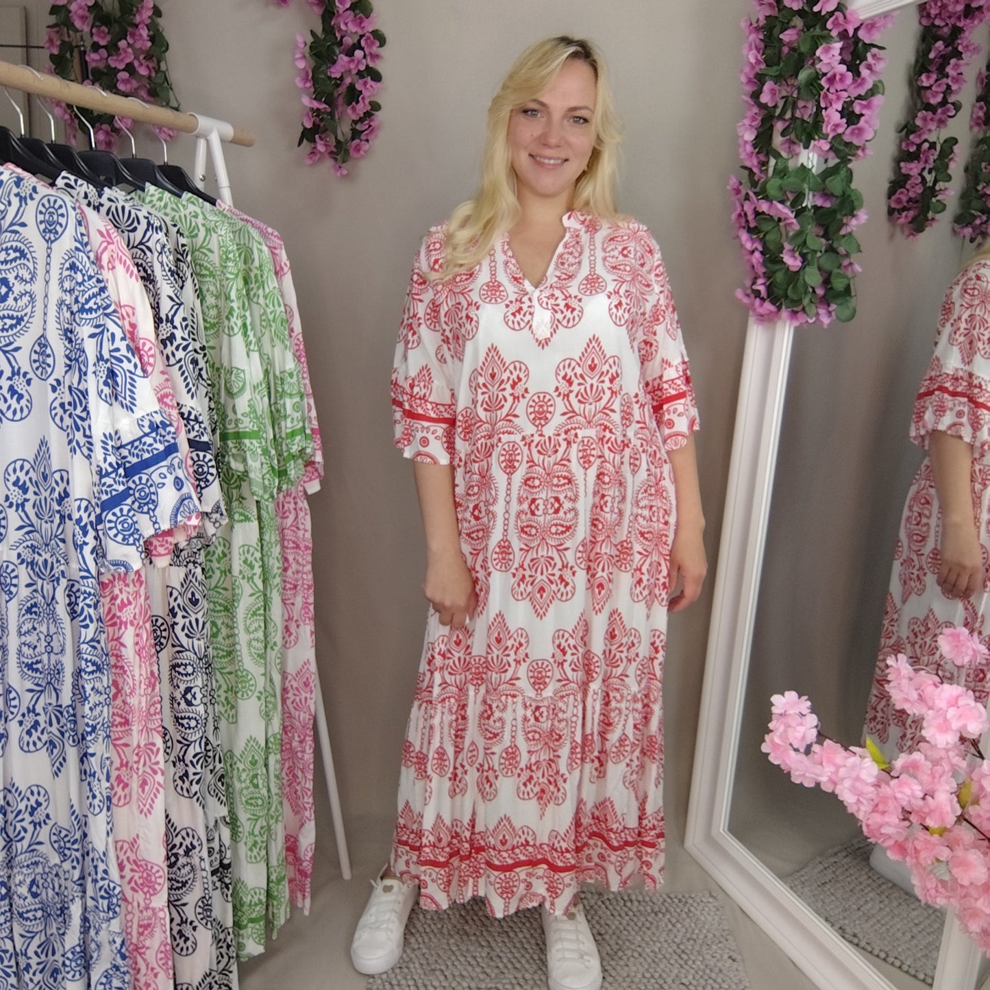 Viskose Sommerkleid in Rot-Weiß
