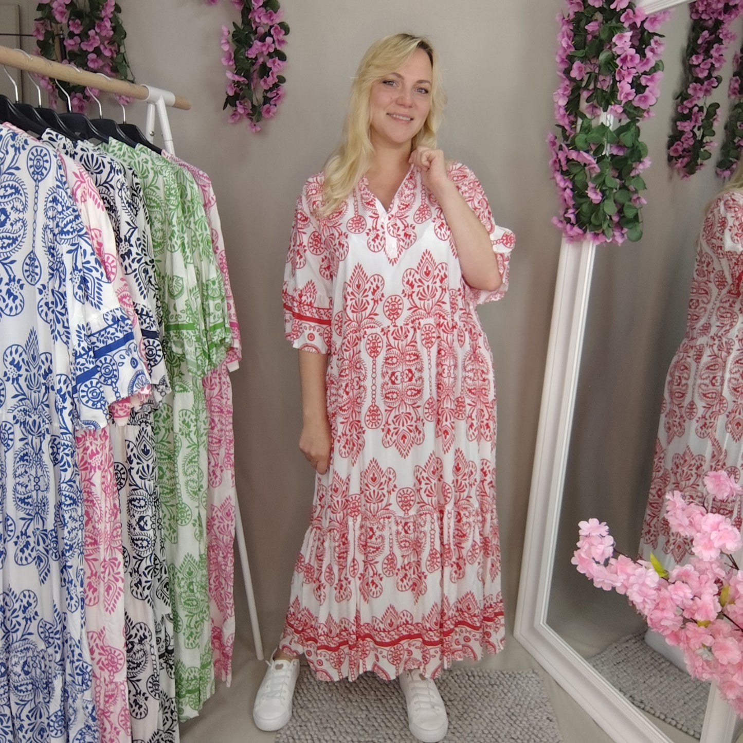 Viskose Sommerkleid in Rot-Weiß