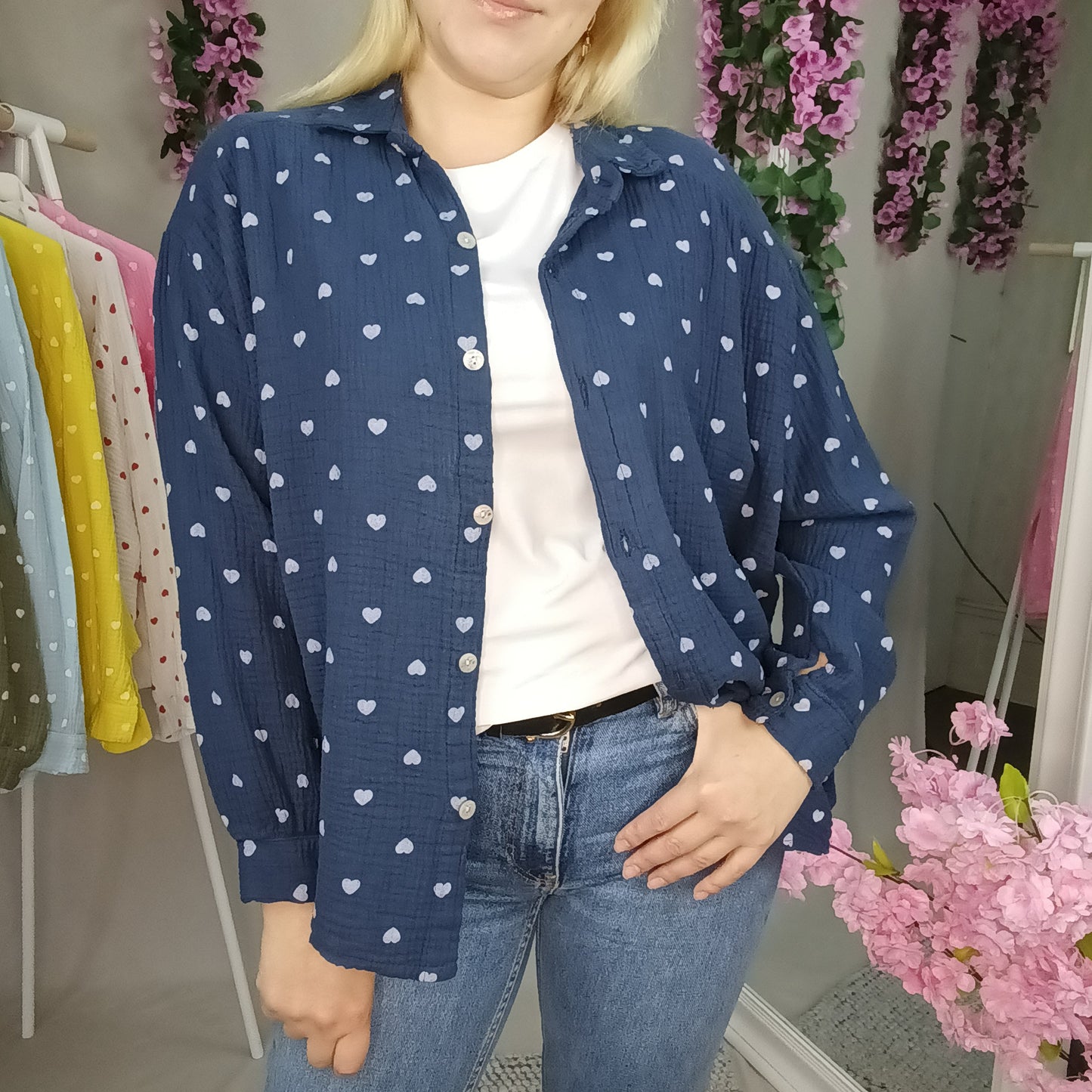 Musselin Bluse mit Herzchen in Dunkelblau