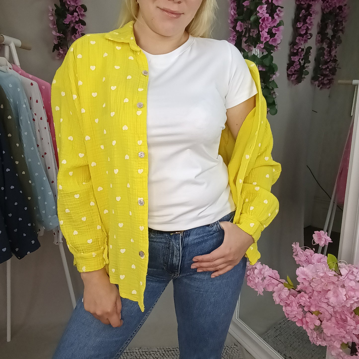 Musselin Bluse mit Herzchen in Gelb