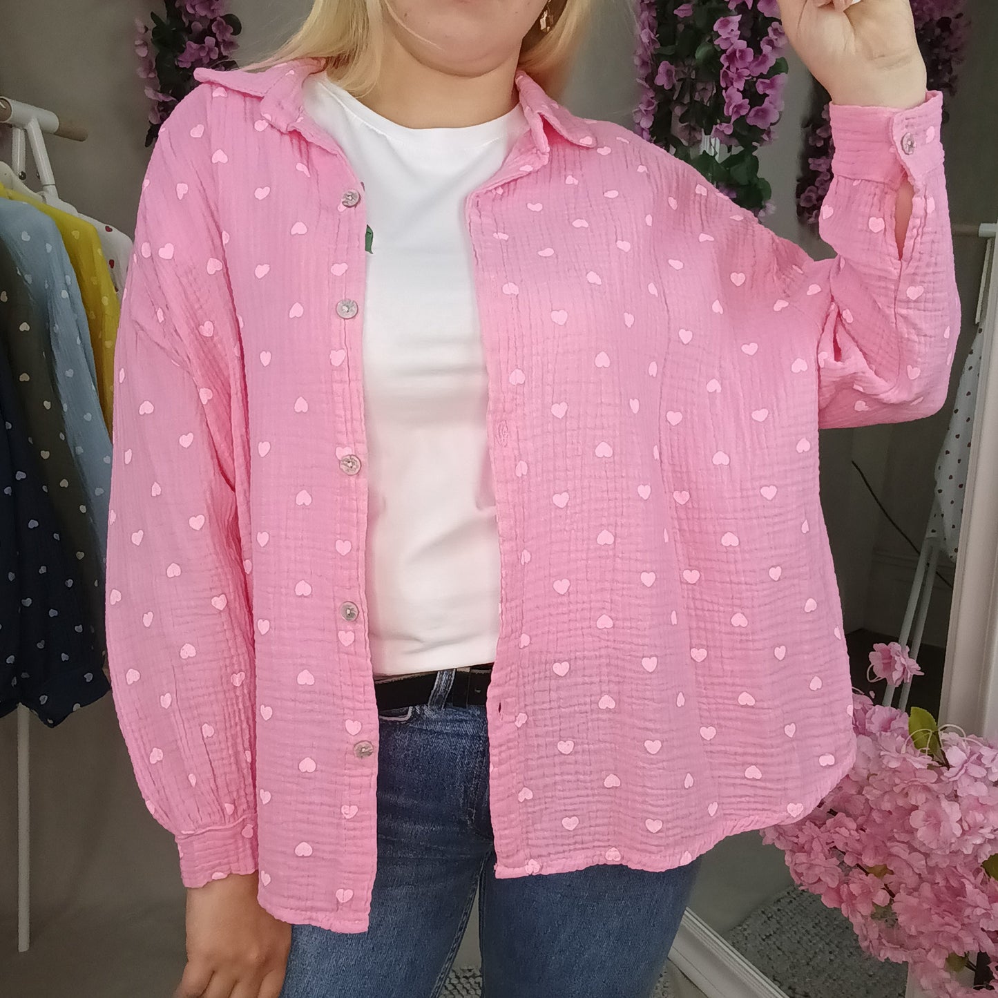 Musselin Bluse mit Herzchen in Rosa