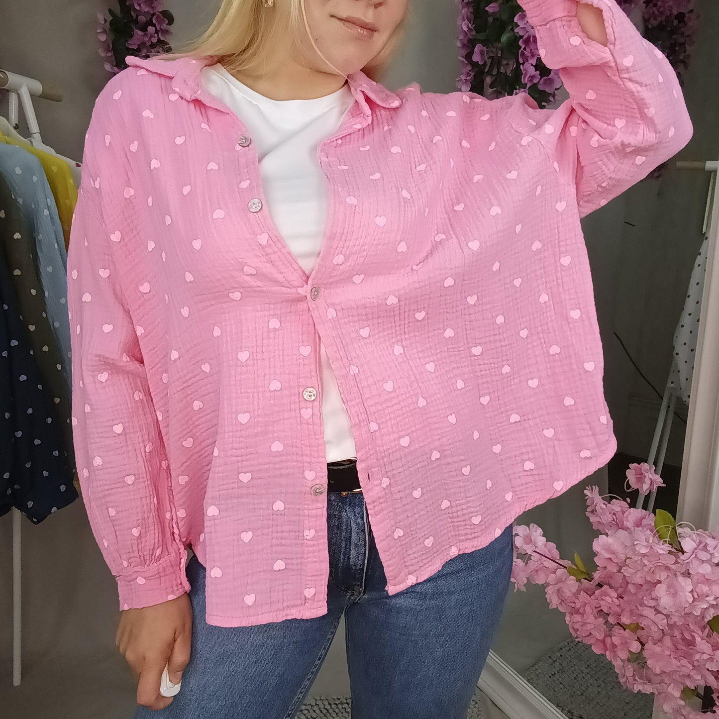 Musselin Bluse mit Herzchen in Rosa