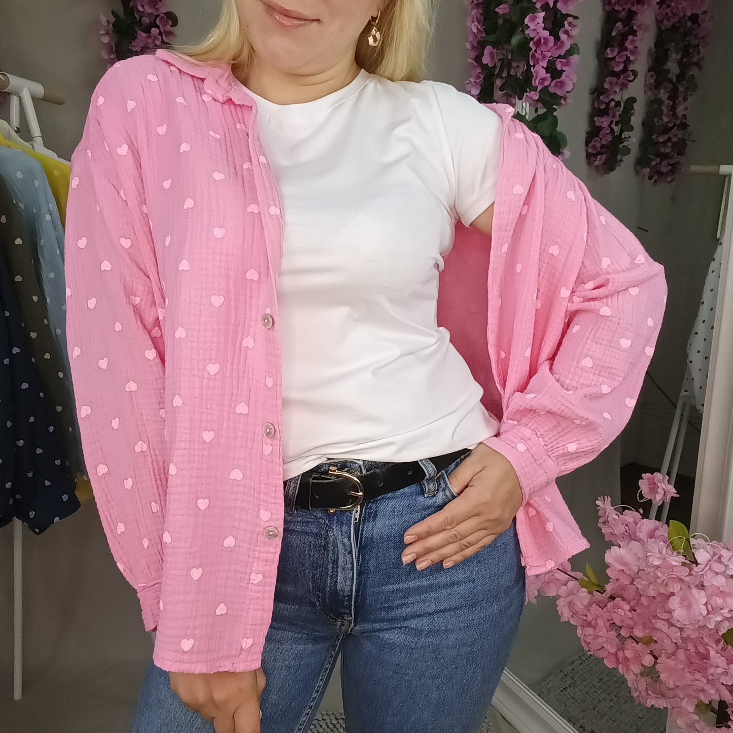 Musselin Bluse mit Herzchen in Rosa