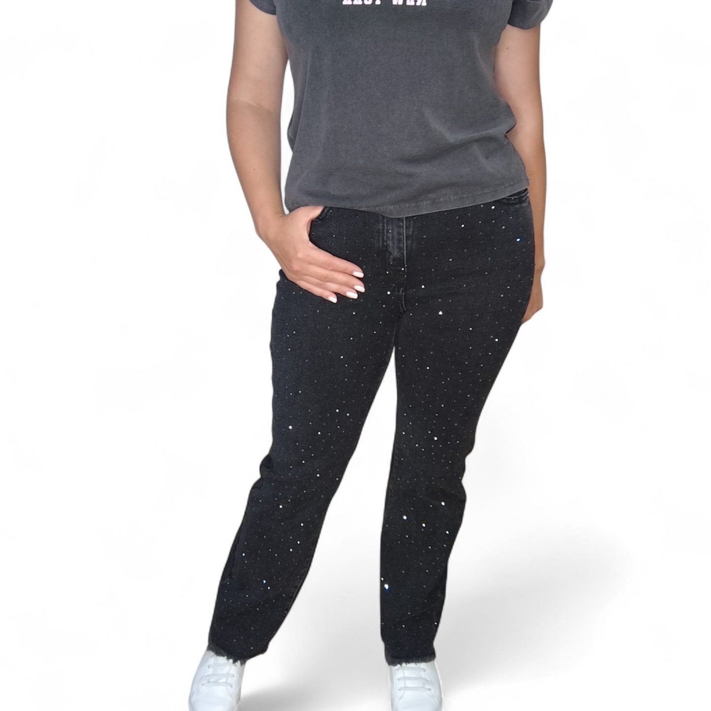 Gerade Jeans in Schwarz mit Strasssteinchen