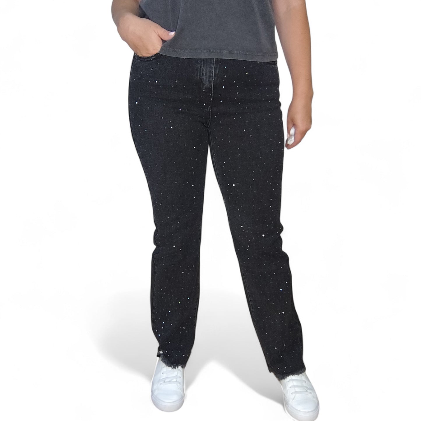 Gerade Jeans in Schwarz mit Strasssteinchen