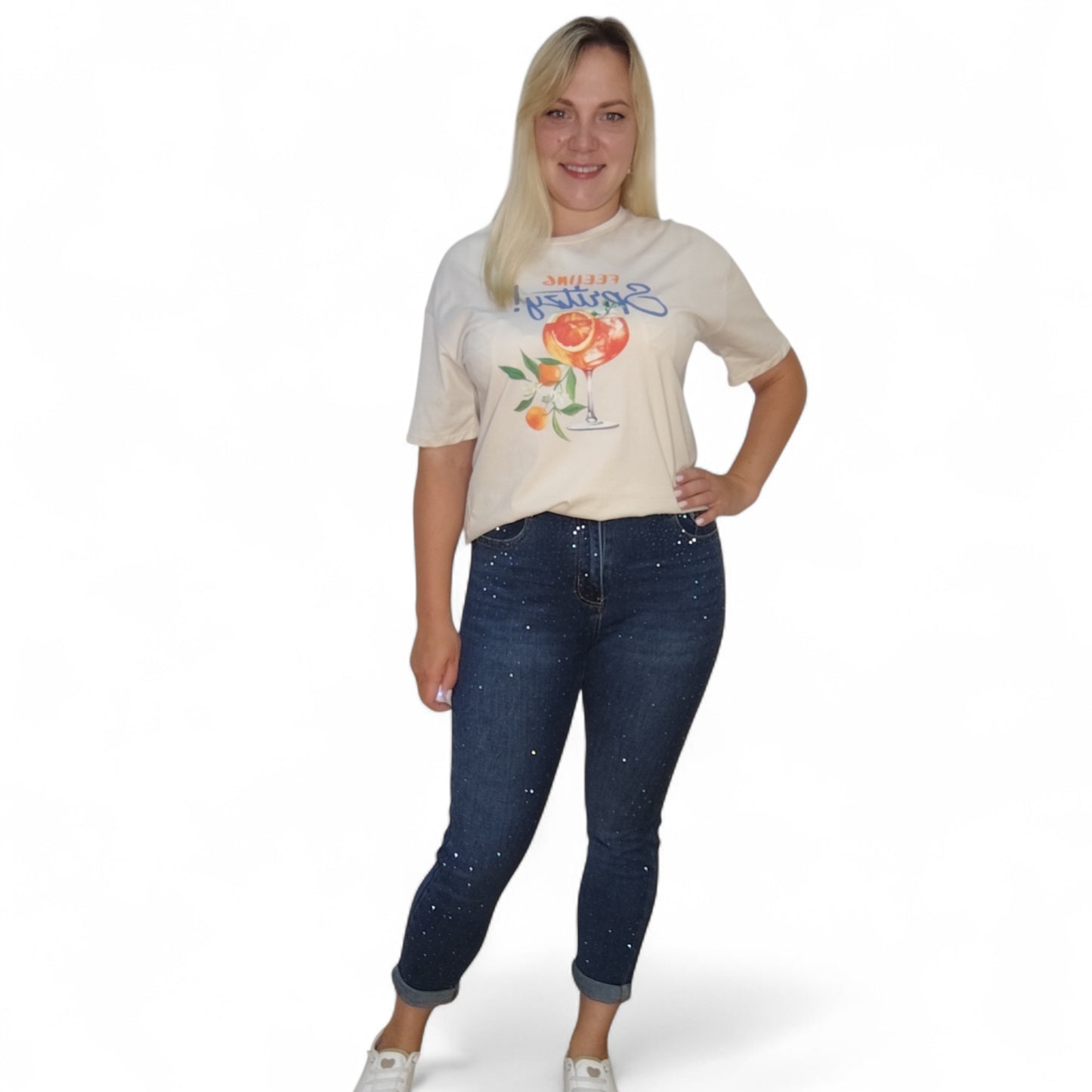 Boyfriend Jeans mit Strasssteinchen