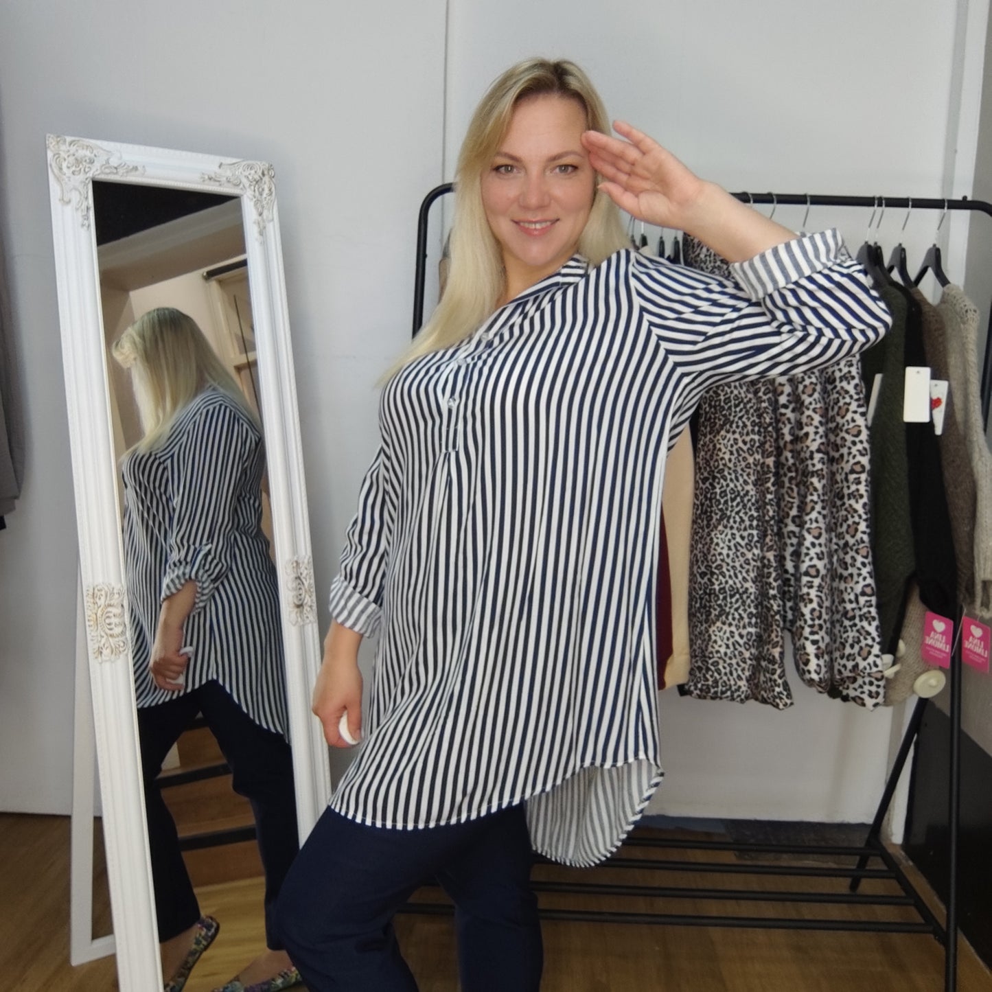Gestreifte Longbluse "Regina" in Dunkelblau-Weiß