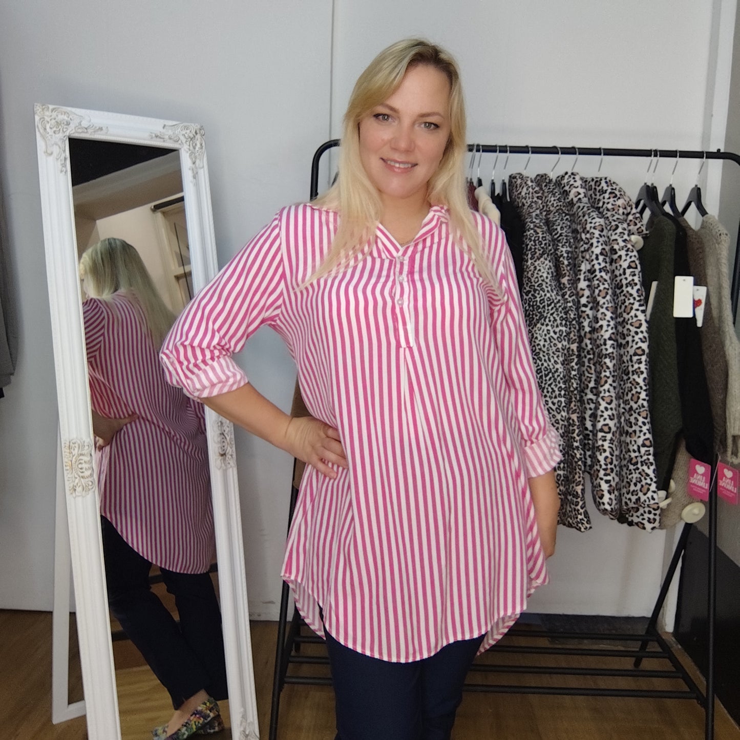 Gestreifte Longbluse "Regina" in Pink-Weiß