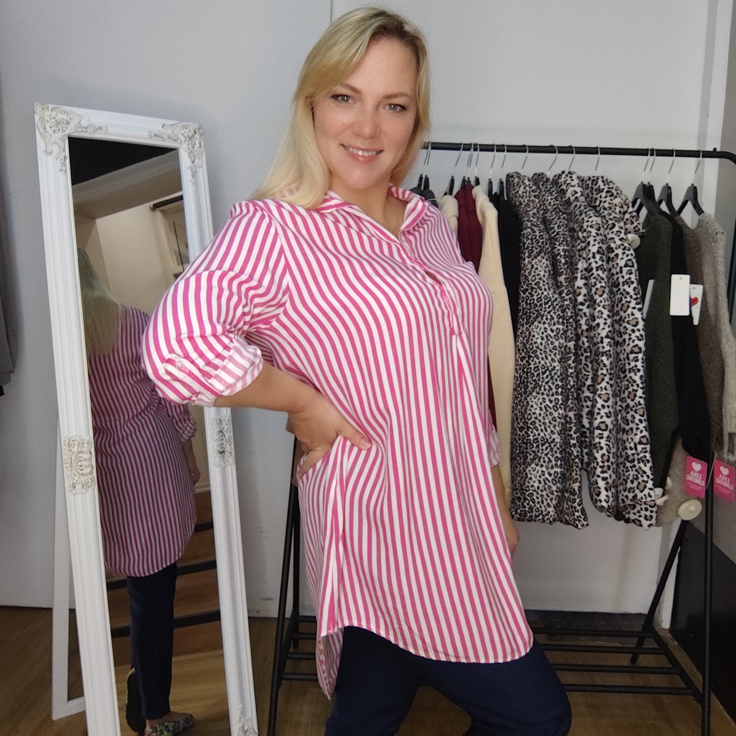 Gestreifte Longbluse "Regina" in Pink-Weiß