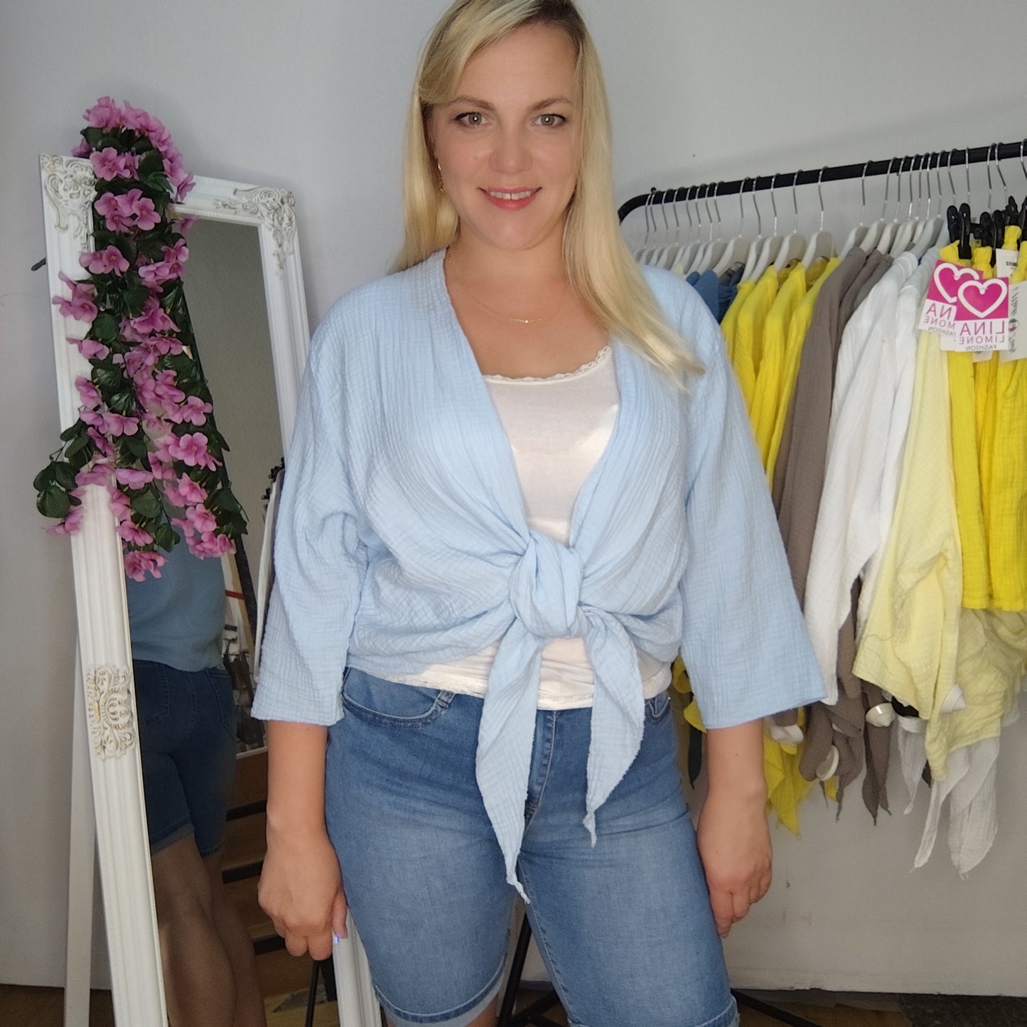 Musselin Bindejacke in Hellblau