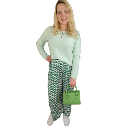 Gemusterte Wide-Leg Hose in Grün-Weiß