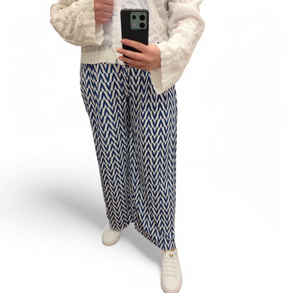 Gemusterte Wide-Leg Hose in Blau-Weiß