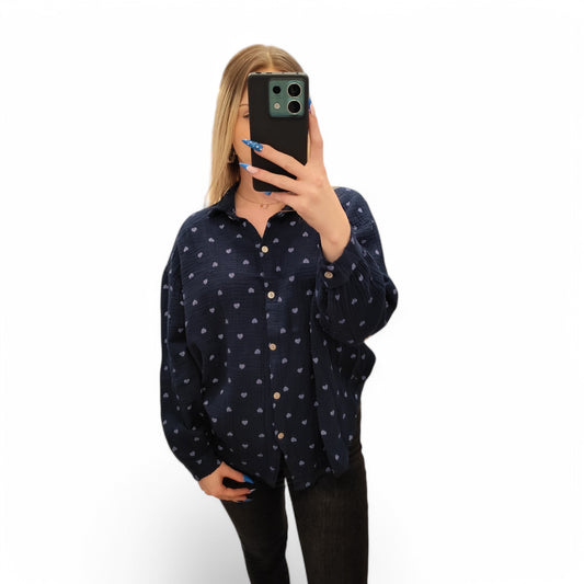 Musselin Bluse mit Herzchen in Dunkelblau