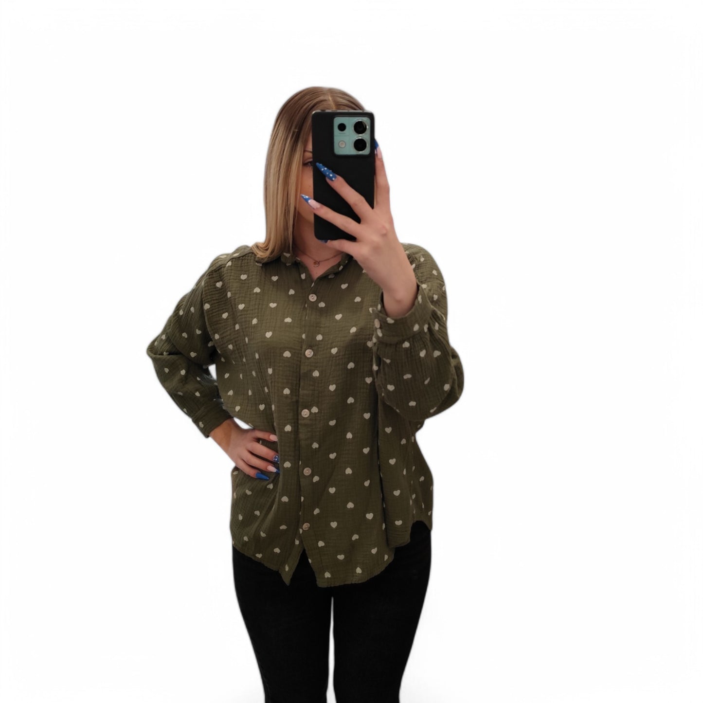 Musselin Bluse mit Herzchen in Olivgrün
