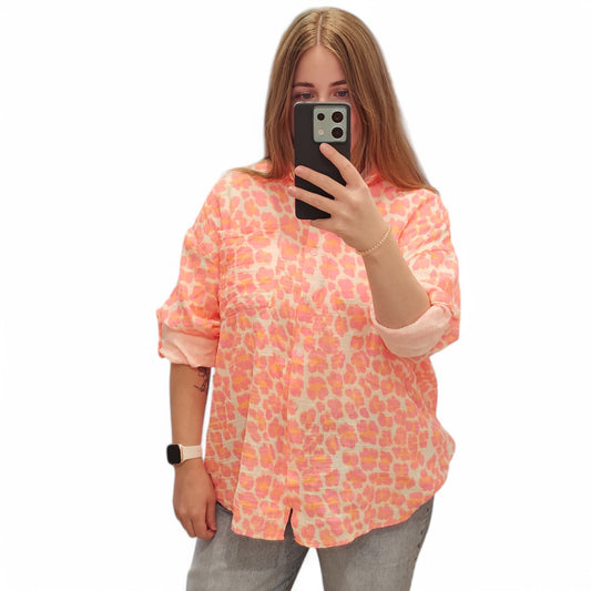 Musselin Bluse mit Leopardenmuster in Orange-Rosa