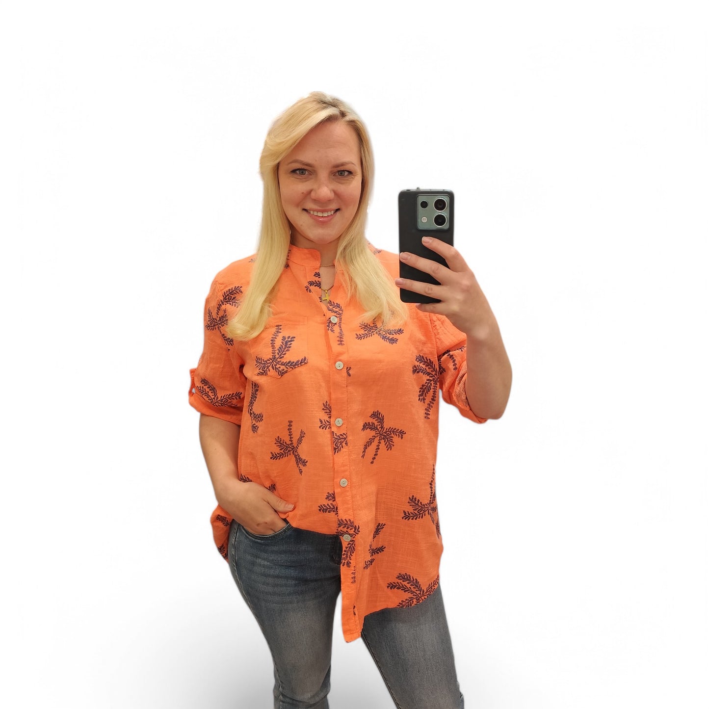 Bluse mit Palmen in Koralle