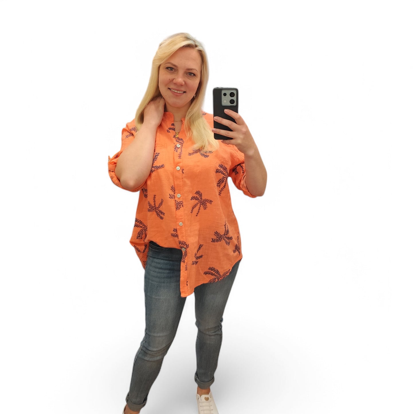 Bluse mit Palmen in Koralle