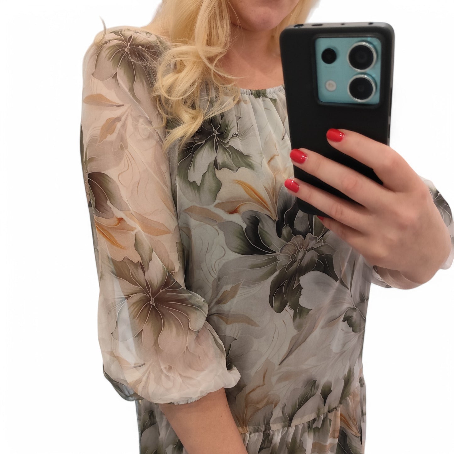 Kleid mit floralem Muster in Dunkelgrün