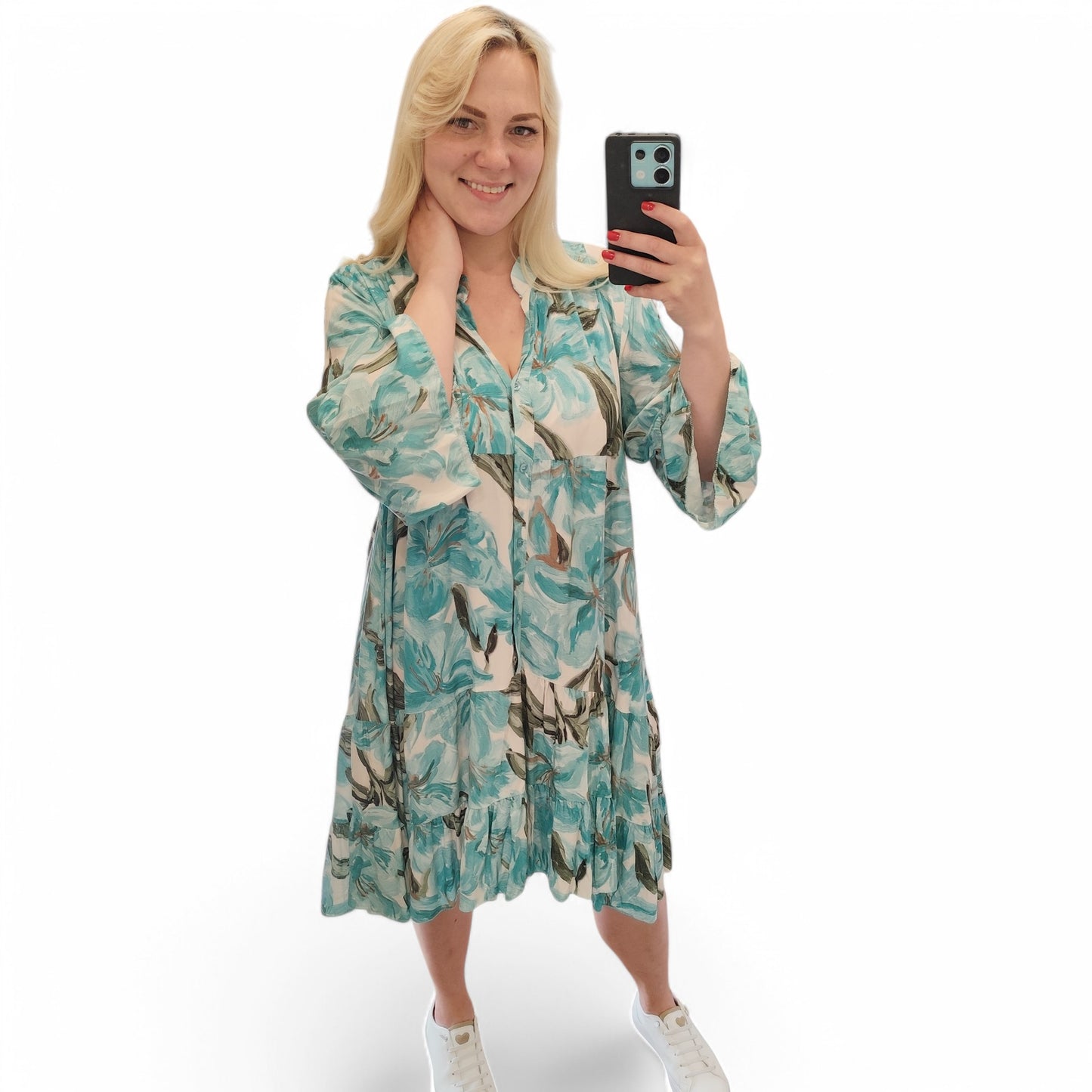 Kleid mit floralem Muster in Türkis