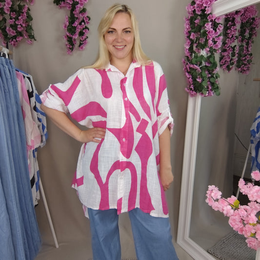 Longbluse in Pink-Weiß