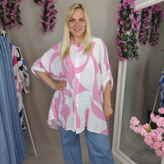 Longbluse in Rosa-Weiß