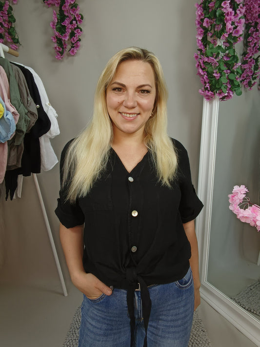 Kurze Leinenbluse zum Knoten in Schwarz