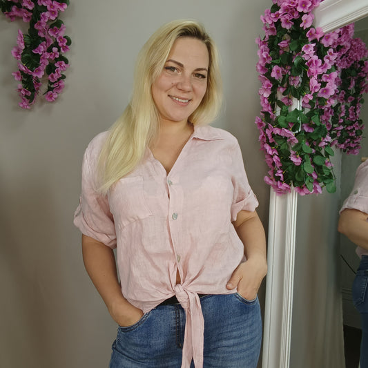 Kurze Leinenbluse zum Knoten in Rosa