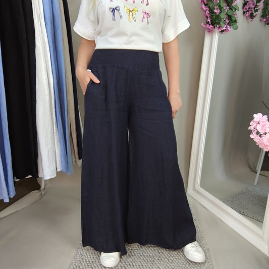 Leinenhose mit Gummizug in Dunkelblau