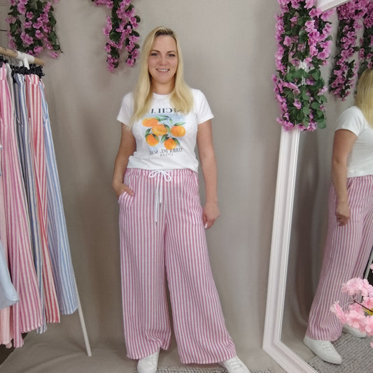 Gestreifte Sommerhose mit Kordelzug in Rosa