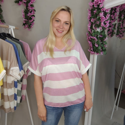 Kurzarm-Shirt in Rosa-Weiß